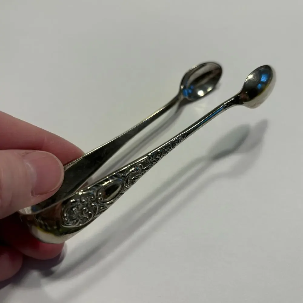 English silver sugar cube tongs EPNS spoon shaped Art Nouveau floral vintage